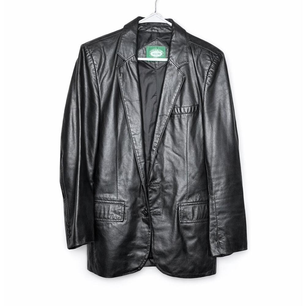 Vintage 90s Hill & Archer Genuine Leather Black Blazer Jacket Size 40 Oversized